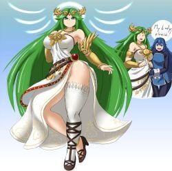 annoyed_expression big_breasts blue_eyes blue_hair breasts female fire_emblem green_eyes green_hair kailyn kid_icarus kid_icarus_uprising kreativekailyn long_legs lucina_(fire_emblem) nintendo palutena seductive_pose simple_background thick_thighs voluptuous voluptuous_female wide_hips
