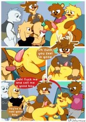 absurd_res anal anal_sex antlers ass assisted_sex assisted_spreading balls bear being_watched blush bodily_fluids bottomwear bottomwear_down canid canine canis clothed clothing clothing_lift comic cuff_(restraint) deer dialogue domestic_dog dragon embarrassed english_text erection erection_under_clothing genital_fluids genitals good_boy group handcuffed handcuffs hands_behind_back headpat hi_res horn lagomorph leporid looking_at_another lube male male/male mammal metal_cuffs mythological_creature mythological_scalie mythology ohfourmouse owo pants pants_down partially_clothed penetration penile penile_penetration penis penis_in_ass precum precum_on_own_penis profanity rabbit restraints scalie sex shirt shirt_lift spread_butt spreading text throbbing throbbing_penis topwear