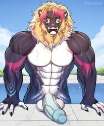 abs ai_generated alexaboom anthro balls biceps big_penis bodily_fluids erection felid fur genitals hi_res jamie_(foxheartedclmt) lion male mammal muscular muscular_anthro muscular_male nude pantherine pecs penis smile solo teeth