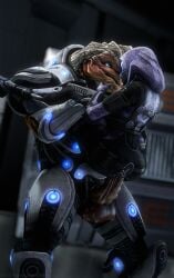 alien anthropsychocratis armor balls bioware duo electronic_arts female genitals grunt_(mass_effect) hi_res krogan legs_up lifting_partner male male/female mass_effect open_mouth open_smile penetration penis quarian size_difference smile standing tali'zorah_nar_rayya