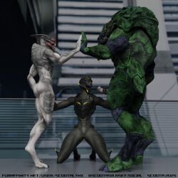 1:1 3d_(artwork) alien bioware digital_media_(artwork) ejaculation electronic_arts female genitals gesture group handjob hi_res high_five kneeling krogan male male/female mass_effect open_mouth penile penis pussy scoota sex smile standing text trio turian url vulva