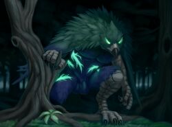 absurd_res anthro avian balls beak bird blue_body claws clothing corvid corvus_(genus) crouching detailed_background digital_media_(artwork) feathers feet flaccid foreskin forest fur genitals glowing glowing_eyes green_body green_eyes hi_res humanoid_genitalia humanoid_penis looking_at_viewer male muscular muscular_anthro muscular_male mythological_avian mythological_creature mythology nature night nude oscine outside partially_retracted_foreskin passerine penis plant raven reku_illustration solo talons toes tree