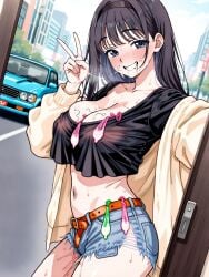 1girls 2d ai_generated armpit bare_arms big_breasts black_hair breasts chest condom condom_belt crop_top cum cum_in_mouth cum_inside curvy curvy_figure cute cute_face denim denim_shorts detailed exhibitionism exhibitionist eyelashes female female_only fit fit_female focus hair high_quality kaoru_hana_wa_rin_to_saku kaoruko_waguri large_breasts legs light-skinned_female light_skin lips looking_at_viewer medium_breasts nipples posing public public_nudity pussy reapz_y seductive seductive_look stray_pubic_hair street thighs thin_waist used_condom v_sign vagina