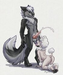 2025 4_toes 5_fingers all_fours animal_genitalia animal_penis ankle_tuft anthro anthro_on_anthro arm_tuft balls black_body black_fur black_nose blush bodily_fluids breasts canid canine canine_genitalia canine_penis canis cum cum_on_face cumshot domestic_dog duo ejaculation erection eyeshadow fangs feet female fingers fur genital_fluids genitals hair hi_res hindpaw humanoid_hands knot knotted_penis leg_tuft makeup male male/female mammal marie_(nightdancer) mature_anthro mature_female multicolored_body multicolored_fur navel neck_tuft nightdancer_(character) nipple_piercing nipple_tassels nipples nude nude_anthro nude_female nude_male paws penis piercing poodle sagging_breasts smile snowy18 standing tail teeth toes tongue tongue_out tuft two_tone_body two_tone_fur white_body white_fur white_hair wolf wrist_tuft