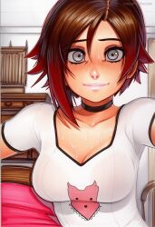 2025 ai_generated artist_name breasts brown_hair cleavage crazyfishbones female large_breasts looking_at_viewer multicolored_hair red_hair ruby_rose short_hair solo