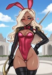 ai_generated animal_ears black_gloves black_thighhighs blonde_hair blue_eyes bow bowtie braid breasts cleavage dark-skinned_female dark_skin day fake_animal_ears female gloves hand_on_hip heart highleg holding holding_sword holding_weapon leotard long_hair looking_at_viewer medium_breasts one_eye_closed original original_character outdoors playboy_bunny rabbit_ears smile solo sword thighhighs viriai weapon
