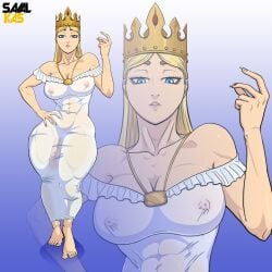 1futa abs areolae attack_on_titan blonde_hair blue_eyes breasts bulge bulge_down_leg christa_lenz cleavage clothed clothing crown expressionless fully_clothed futa_only futanari highres historia_reiss huge_cock human intersex light-skinned_futa light_skin long_hair looking_at_viewer medium_breasts muscular muscular_thighs nipples penis penis_to_the_knees princess queen royalty savalkas see-through_clothing shingeki_no_kyojin solo standing thick_thighs vein veiny_penis white_dress wide_hips