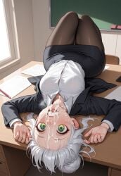 ai_generated button_down_shirt classroom clothed cum cum_in_mouth cum_on_face green_eyes hair_bun jacket jacket_open mouthful office_lady on_back on_desk pantyhose shirt shortstack skirt small_breasts teacher thick_thighs white_hair wide_hips