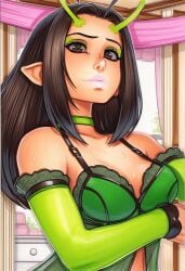 2025 ai_generated artist_name bare_shoulders black_hair breasts cleavage crazyfishbones elbow_gloves female gloves long_hair looking_at_viewer original solo