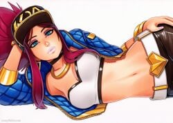 2025 ai_generated akali artist_name blue_eyes breasts crazyfishbones crop_top female long_hair looking_at_viewer lying midriff navel solo