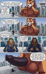 absurd_res ailurid anthro black_penis bodily_fluids body_size_growth cum dialogue english_text extreme_size_difference felid genital_fluids genitals growth hi_res knot knotted_penis lion macro male mammal pantherine penis red_panda sage_(server_dingo) server_dingo size_difference size_transformation text transformation