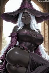 1girls ai_generated ass ass_focus bare_shoulders big_breasts big_hat black_panties black_skin blush breasts cameltoe curvy dark-skinned_female dark_skin elden_ring elden_ring_nightreign female female_only fromsoftware grey_eyes long_hair looking_at_viewer mostly_clothed panties pants_down patreon recluse_(nightreign) salupai solo solo_female thick_thighs thighs uncensored watermark white_hair witch_hat
