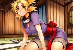 1boy 2025 ai_generated artist_name blonde_hair blue_eyes crazyfishbones female male_focus shirt short_hair sitting smile solo temari_(naruto)