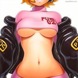 2025 ai_generated artist_name breasts crazyfishbones female jacket large_breasts midriff navel original short_hair simple_background solo underboob
