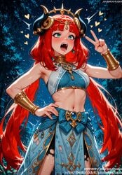 ^^^ ai_generated aqua_eyes armpits bangs bare_shoulders blue_eyes blue_gemstone blush bracelet bracer breasts brooch circlet clothing crop_top detached_sleeves earrings fake_horns female female gem genshin_impact hair_ornament hand_on_hip hand_on_own_hip hand_up harem_outfit heart horns jewelry jousneystudio long_hair low_twintails medium_breasts midriff navel neck_ring night night_sky nilou_(genshin_impact) open_mouth outdoors parted_bangs red_hair skirt sky smile solo standing star_(sky) starry_sky stomach sweat teeth thighs torn_clothes tree trembling twintails v very_long_hair