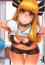 2025 ai_generated artist_name blonde_hair blue_eyes blush breasts crazyfishbones female large_breasts long_hair magik_(x-men) solo sweat underwear
