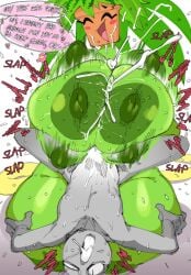 areola ass between blaster_master blaster_master_zero blaster_master_zero_2 breasts cum gigantic goatboydraws highres kanna_(blaster_master) nipples non-web_source orgasm overstimulation paizuri penis plant plantie smaller taller thighs