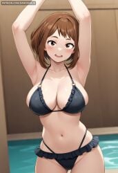 :d ai_generated armpits arms_up ass_visible_through_thighs bangs bare_shoulders bikini black_bikini blush boku_no_hero_academia breasts brown_eyes brown_hair cleavage collarbone cowboy_shot dandanhub female frilled_bikini frills halterneck large_breasts looking_at_viewer my_hero_academia navel o-ring o-ring_bikini ochako_uraraka open_mouth short_hair skindentation smile solo stomach swimsuit teeth thighs upper_teeth_only uraraka_ochako