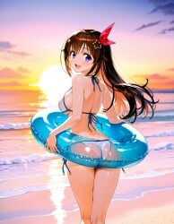 1girls ai_generated ass beach bikini breasts female floatie hololive hololive_gen_0 hololive_japan large_breasts open_mouth smile sunset thighs tokino_sora virtual_youtuber water white_bikini