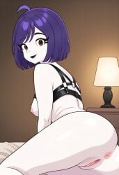 ahoge ai_generated ass ass_focus black_lips black_lipstick civitai cookiasncream exposed_breasts goth goth_girl light-white_skin pale-skinned_female pink_nipples purple_hair pussy pussy_focus short_hair white_skin white_skinned_female