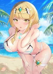 alternate_hairstyle areola_slip areolae areolae_peeking beach big_breasts bikini bikini_bottom bikini_top blonde_female blonde_hair breasts core_crystal gold_eyes large_breasts monolith_soft mythra nintendo nipples nipples_visible_through_bikini nipples_visible_through_clothing see-through see-through_clothing see-through_swimsuit see-through_top shiratamaaji skindentation thick thick_legs thick_thighs thigh_strap thighs tiara translucent translucent_clothing undersized_clothes xenoblade_(series) xenoblade_chronicles_2