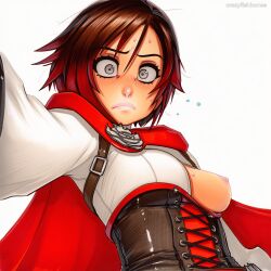 2025 ai_generated artist_name breasts cape crazyfishbones female large_breasts multicolored_hair red_hair ruby_rose rwby short_hair solo