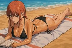 ai_generated big_breasts big_butt black_bikini book chainsaw_man crossed_legs feet makima_(chainsaw_man) oiled oiled_body oiled_skin on_stomach red_eyes red_hair sand