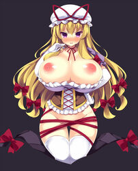 akikaze_tsumuji areolae bangs blonde_hair blush bow breasts choker corset cum cum_in_mouth cum_on_fingers elbow_gloves female frilled_shirt frills gap gloves hair_between_eyes hairbow hand_on_hip hat hat_ribbon huge_breasts long_hair looking_at_viewer mob_cap nipples no_pants nose_blush purple_eyes purple_shirt ribbon ribbon_choker shiny shiny_skin shirt sitting slit_pupils solo thighhighs touhou very_long_hair white_gloves white_legwear wrapped_up yukari_yakumo