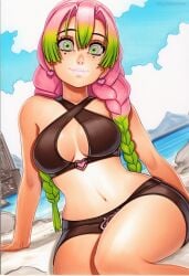 2025 ai_generated artist_name braid breasts cleavage crazyfishbones female green_eyes green_hair kanroji_mitsuri long_hair multicolored_hair solo