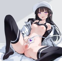 anus bare_shoulders baseball_cap black_hair breasts censored clothes_lift commission hat highres jacket masturbation medium_breasts mosaic_censoring navel nipples open_clothes open_jacket original pointy_ears purple_eyes pussy sakuma_shiki shirt_lift sitting skeb_commission smile soles spread_legs spread_pussy tail thighhighs tongue tongue_out