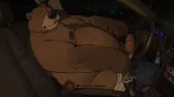 2025 anthro bear belly big_belly bottomwear brown_body brown_fur car clothing detailed_background erection fur genitals hi_res huynhduyad14 inside_car inside_vehicle kemono male mammal night overweight overweight_male pants penis sitting solo vehicle