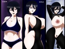 akinama_family_(noir-black-shooter) big_breasts dark_blue_hair dres female huge_breasts long_dress milf noir-black-shooter oc original original_character purple_eyes reverse_bunnysuit short_hair sports_bra sportswear