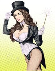 1girls actress armando_huerta blue_eyes breasts brown_hat celebrity cleavage colored corset covered_breasts dc dc_comics female female_only fishnet fishnet_pantyhose fishnets gloves gradient_background hat hips jacket jennifer_connelly justice_league large_breasts legs long_hair magic pantyhose polka_dot_background smooth_skin solo tagme tailcoat thighs top_hat wand zatanna zatanna_zatara