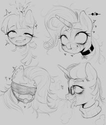 after_fellatio after_oral after_sex anthro ball_gag blindfold blood bodily_fluids broken_horn collar cum cum_string dominismortis ear_piercing ear_ring english_text equid equine eyebrow_piercing eyebrow_through_hair eyebrows eyelashes eyewear facial_piercing female feral fluttershy_(mlp) friendship_is_magic furry gag genital_fluids glasses group hair hasbro heart_eyes heart_symbol hi_res horn horn_jewelry horn_ring industrial_piercing jewelry looking_pleasured mammal monochrome moondancer_(mlp) my_little_pony mythological_creature mythological_equine mythology nosebleed open_mouth piercing profanity rarity_(mlp) ring_(jewelry) ring_piercing saliva sweat teeth text tongue tongue_out translucent translucent_hair twilight_sparkle_(mlp) unicorn