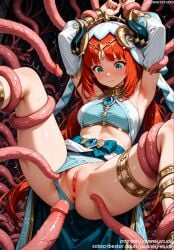 ai_generated anus aqua_eyes armpits arms_behind_head arms_up bangs blue_panties blue_skirt blush bracer breasts brooch circlet closed_mouth clothing clothing_aside crop_top detached_sleeves fake_horns female female genshin_impact harem_outfit horns imminent_penetration imminent_rape imminent_vaginal jewelry jousneystudio long_hair long_sleeves male medium_breasts navel neck_ring nilou_(genshin_impact) nipples panties panties_aside pantsu penis puffy_long_sleeves pussy red_hair restrained sex skirt solo solo_focus spread_legs stomach straight sweat tentacle tentacle_pit tentacle_sex thighlet thighs twintails underwear underwear_aside vagina veil white_headwear