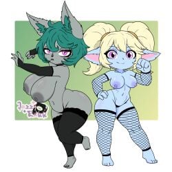 1:1 anthro ass big_breasts blonde_hair blue_body breasts clothing digital_media_(artwork) duo female fishnet_clothing fur green_hair hair hi_res humanoid humanoid_pointy_ears jazzyrakk league_of_legends legwear mammal nipples nude pointy_ears poppy_(lol) riot_games short_stack simple_background smile stockings tencent thick_thighs twintails vex_(lol) wide_hips yordle