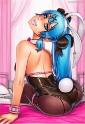 2025 ai_generated animal_ears artist_name ass blue_eyes blue_hair crazyfishbones female hatsune_miku_(append) long_hair pantyhose playboy_bunny solo tail