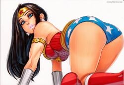 2025 ai_generated artist_name ass blue_eyes breasts crazyfishbones earrings female gloves jewelry long_hair looking_at_viewer solo wonder_woman