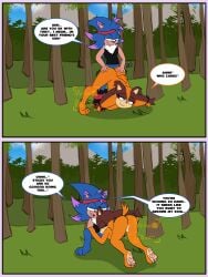 3:4 absurd_res animal_humanoid anthro ass ass_up badger blue_eyes bodily_fluids clothing comic cum cum_inside digital_media_(artwork) duo english_text fan_character fellatio female female_penetrated genital_fluids genitals hi_res humanoid jack-o'_pose male male/female male_penetrating male_penetrating_female mammal mrgenoraven mustelid musteline nude oral oral_penetration orange_body penetration penile penis pose pussy sega sex sonic_(series) sonic_boom sonic_the_hedgehog_(series) sticks_the_jungle_badger tail text vaginal_penetration