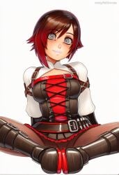 2025 ai_generated artist_name boots breasts crazyfishbones female multicolored_hair red_hair ruby_rose short_hair sitting smile solo