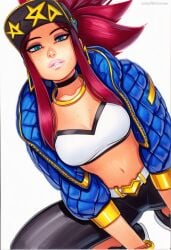 2025 ai_generated akali artist_name blue_eyes breasts cleavage crazyfishbones female jacket long_hair looking_at_viewer midriff navel solo