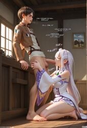 ai ai_generated attack_on_titan big_dick brown_hair brown_jacket crossover emilia_(re:zero) eren_jaeger eyes_closed hair_ornament hands_on_another's_thighs indoors leaning_on_desk pantless re:zero_kara_hajimeru_isekai_seikatsu white_dress white_hair white_shirt