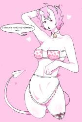 cow_print cow_print_bikini oc original_character pink_eyes pink_hair succubus succubus_horns succubus_tail the_pink_succubus vinny_bonnet white_body