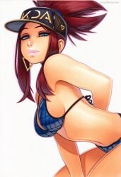 2025 ai_generated akali artist_name bikini blue_eyes breasts crazyfishbones female hat lips looking_at_viewer red_hair solo swimsuit