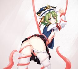 breasts chunjiu dress female green_hair hat highres looking_at_viewer nipples pussy pussy_juice shiki_eiki short_hair simple_background sleeve_bow small_breasts tentacle tentacle_sex touhou