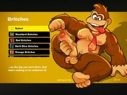 2025 anthro ape areola armpit_hair artist_name autofootjob balls belly biceps big_balls big_muscles big_penis black_border body_hair border donkey_kong donkey_kong_(character) donkey_kong_(dkbananza) donkey_kong_(series) donkey_kong_bananza english_text erection feet foot_fetish foot_play foreskin foreskin_play foreskin_pull fur genitals glans gooeycandy gorilla gui haplorhine hi_res humanoid_genitalia humanoid_penis male mammal masturbation menu musclegut muscular muscular_anthro muscular_male nails navel necktie nintendo nipples nude open_mouth open_smile pecs penis primate pubes shadow simple_background smile solo teeth text tongue tongue_out tuft unretracted_foreskin yellow_background
