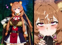 1boy 1girls ai_generated before_and_after big_breasts breasts brown_hair cum cum_in_mouth dark-skinned_male fellatio female female_focus huge_breasts large_breasts light-skinned_female looking_at_viewer looking_pleasured pink_hair raccoon_ears raccoon_girl raphtalia tate_no_yuusha_no_nariagari the_rising_of_the_shield_hero