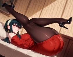 1girls ai_generated ass balecxi bangs bare_shoulders bed bed_sheet black_footwear black_hair black_legwear black_pantyhose blush breasts brown_pantyhose cleavage closed_mouth clothing curvaceous curvaceous_female curvaceous_figure curvy curvy_female curvy_figure dress earrings female female female_focus female_only footwear gold_earrings hairband headwear high_heels huge_breasts indoors inviting inviting_to_sex jewelry large_breasts legs legs_up legwear light-skinned_female long_hair long_sleeves looking_at_viewer lying off-shoulder_sweater off_shoulder on_back on_bed on_side pantyhose picture_frame pillow presenting presenting_ass presenting_breasts presenting_hindquarters presenting_self red_dress red_eyes red_sweater seductive seductive_look seductive_smile shirt shoes sidelocks smile solo spy_x_family sweater sweater_dress thick_thighs thighs voluptuous voluptuous_female white_hairband yor_briar yor_forger