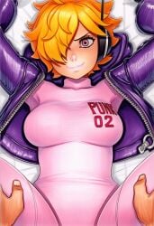 2025 ai_generated artist_name blonde_hair bodysuit breasts crazyfishbones female hair_over_one_eye looking_at_viewer lying on_back original smile solo