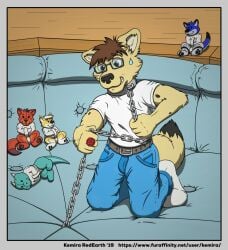 2019 5_fingers anthro artist_name avery_(vir-no-vigoratus) belt black_snout black_spots black_tail_tip blue_bottomwear blue_clothing blue_jeans blue_pants blue_sofa bodily_fluids bondage bondage border bottomwear bound brown_eyes brown_hair chain_leash chained_to_floor chains ciriaco_squeaky clenched_teeth clothed clothing collar david_grant_fenris denim denim_bottomwear denim_clothing digit_ring digital_drawing_(artwork) digital_media_(artwork) dipstick_tail eyewear finger_ring fingers fist floor footwear furniture glasses grey_belt grey_border hair hi_res hyena inside jeans jewelry kemira kemira_redearth_(character) kneeling leash leashed_collar long_tail male mammal markings metal_chain metal_collar pants plushie pulling_chain rectangular_glasses red_ring restraints shirt short_story socks sofa solo spots spotted_hyena story story_at_source story_in_description straitjacket struggling sweat sweatdrop t-shirt tail tail_markings tan_body tan_tail teeth text topwear url wearing_glasses white_clothing white_footwear white_shirt white_socks white_t-shirt white_topwear wood wood_floor